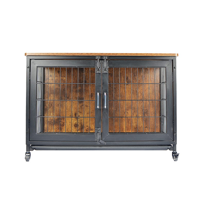 바퀴가 달린 나무 가구 스타일의 개 케이지